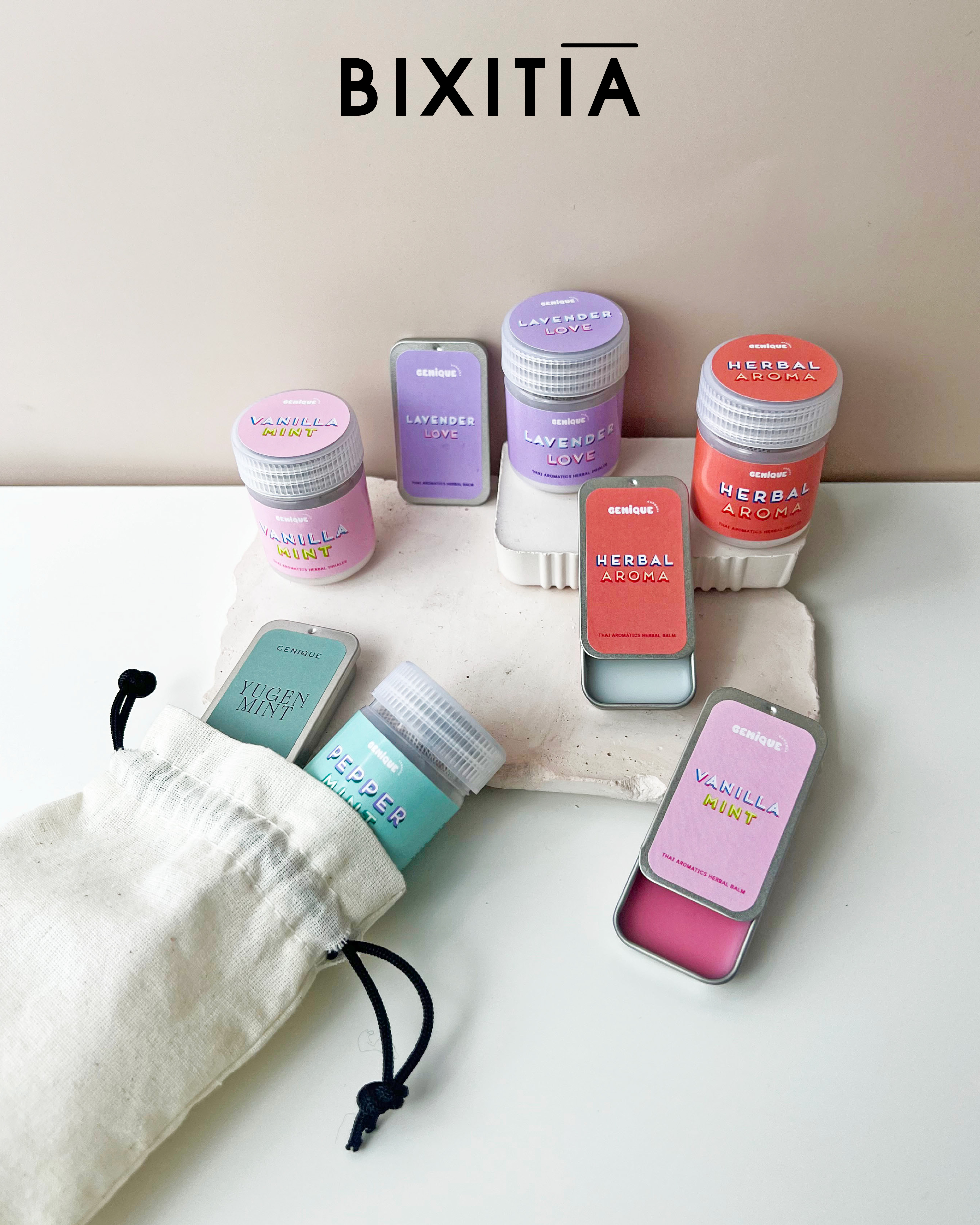 พรีเมี่ยมเซท Giftset Happy Heal ยาดมขวดขาวขุ่น + Herbal balm ในถุงผ้า