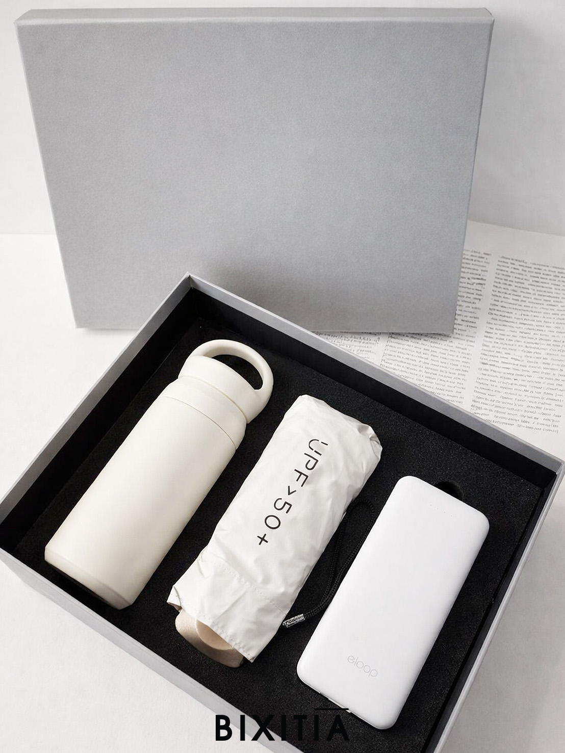 Premium set ร่มกัน UV Powerbank กระบอกน้ำเก็บอุณหภูมิ มีหูหิ้ว พร้อมกล่อง PM-069