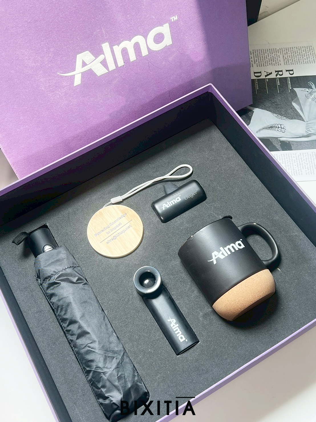 Premium set  แก้วเซรามิครองไม้ก๊อก ร่มอัตโนมัติ กล่องชาร์จไม้ 6 in 1 Double nip Powerbank Ouger Turbo fan พร้อมกล่อง PM-078