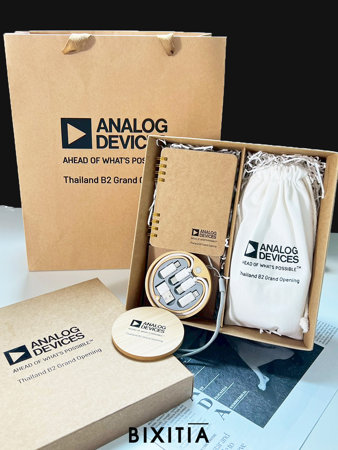 Premium set ECO กล่องกระดาษคราฟคราฟ สมุดโน้ตปกกระดาษคราฟ ชุดสายชาร์จไม้ 6 in 1 ถุงผ้าฝ้ายหูรูด PECO-005