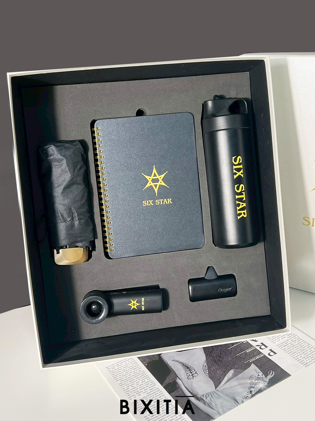 Premium set กระบอกน้ำเก็บอุณหภูมิ ขนาด 550 ml. ร่มกัน UV สมุดโน้ต Double nip Powerbank Ouger Turbo fan พร้อมกล่อง PM-080