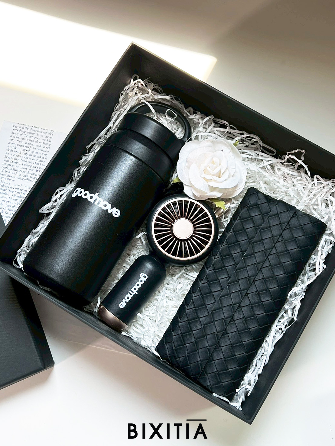 Premium set พัดลมพกพา กระเป๋าหนังสาน กระบอกน้ำเก็บอุณหภูมิ มีหูหิ้ว พร้อมกล่อง PM-063