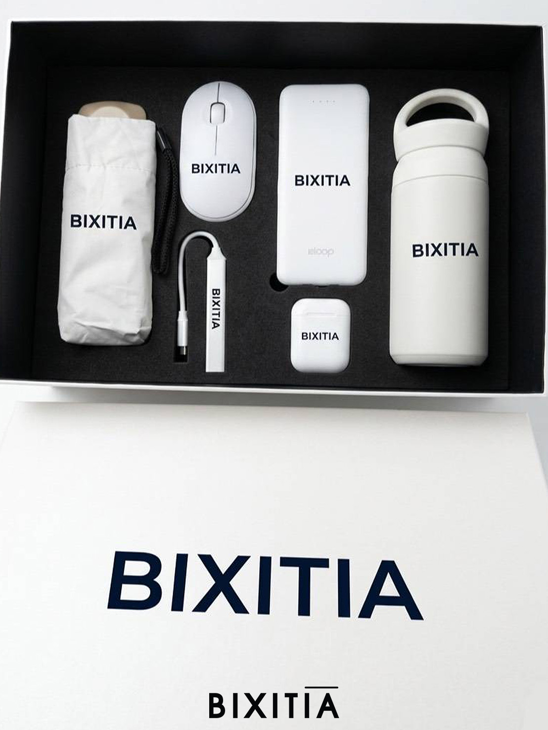Premium set กระบอกน้ำเก็บอุณหภูมิมีหูหิ้ว ร่มกัน UV หูฟังบลูทูธ Powerbank เม้าส์ USB พร้อมกล่อง PM-082